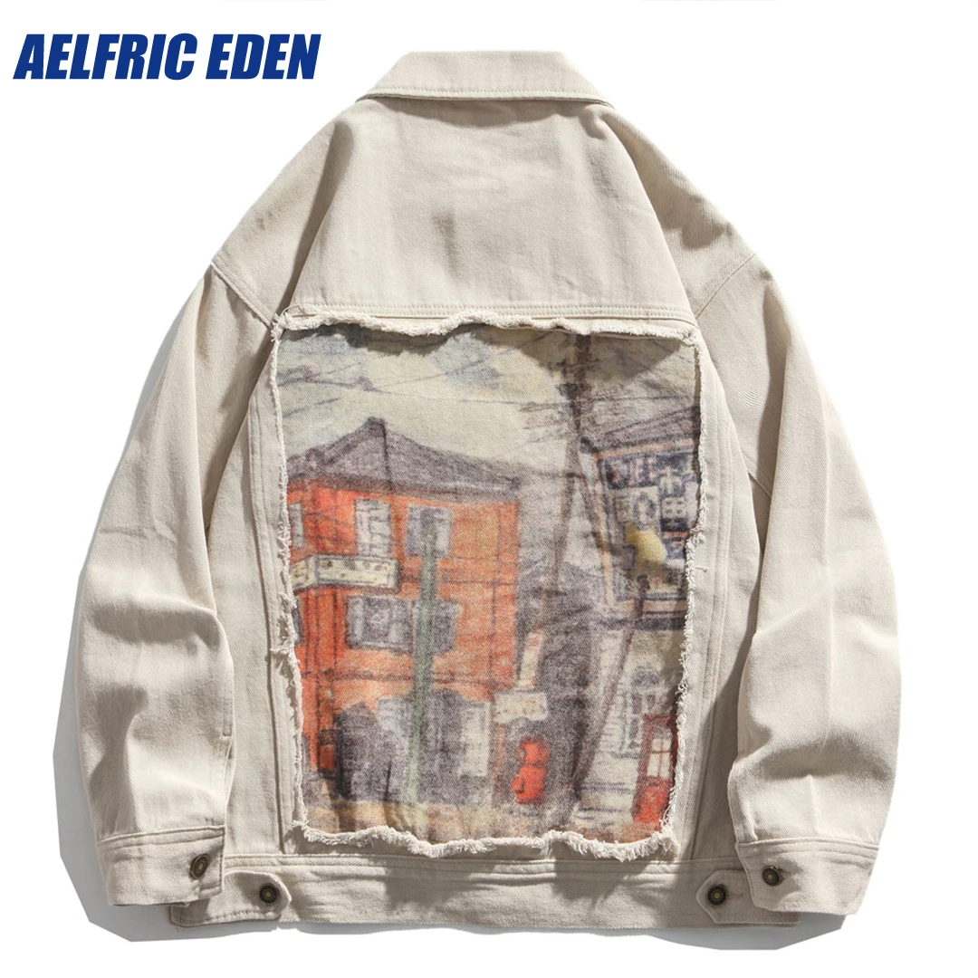 Aelfric Eden Vintage Painting Ripped Jean Coats Hip Hop Denim Jacket Streetwear Mens 2023 Harajuku Autumn Cotton Jackets Tops