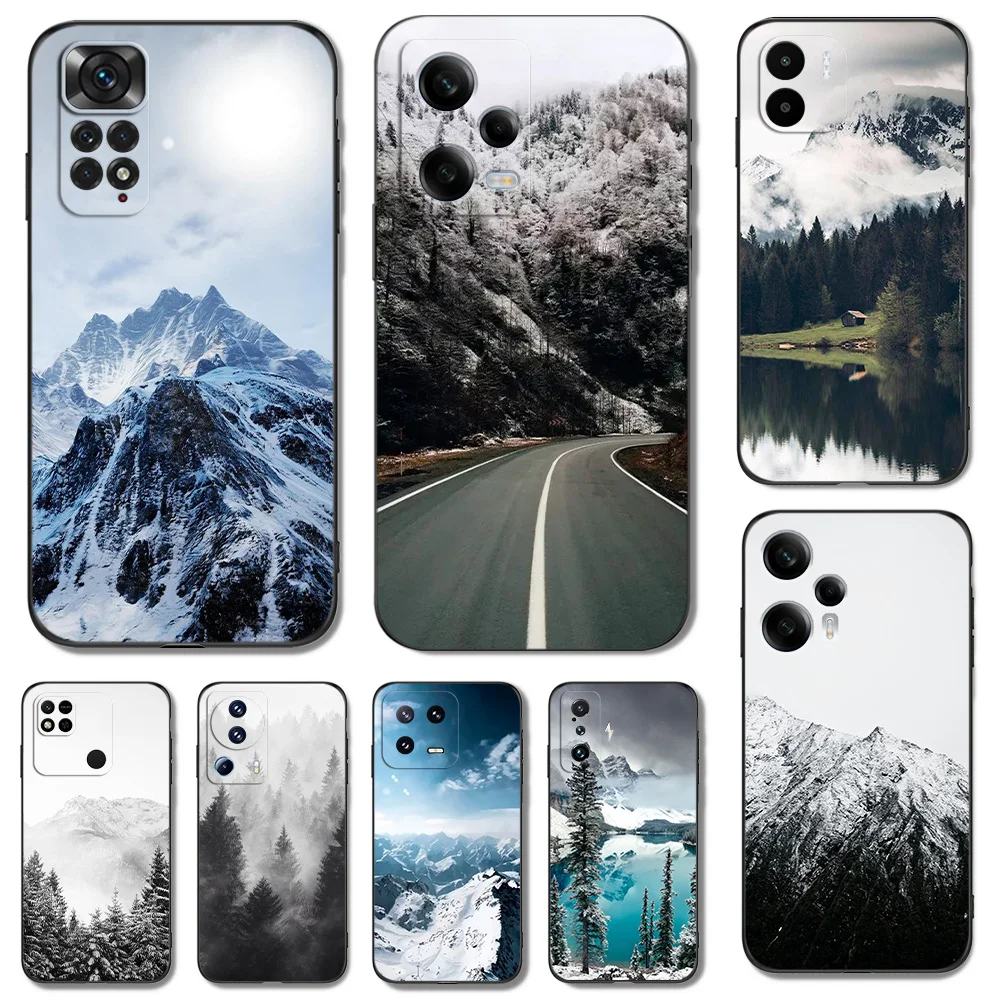 Custodia In Tpu Nero Per Xiaomi 13 Pro Lite Cover Per Telefono Black White Mountain Pine Tree Forest Mountain Peak Mist