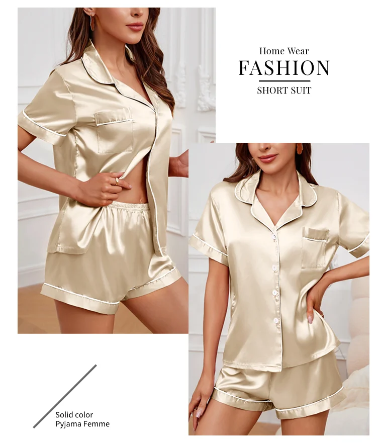 Sommer-Pyjama-Set aus Seidensatin für Damen, Oberteil und Shorts mit Knopfleiste, 2-teilig, Nachtwäsche, gekerbter Kragen, Nachtwäsche, Loungewear für Damen – Detail 33