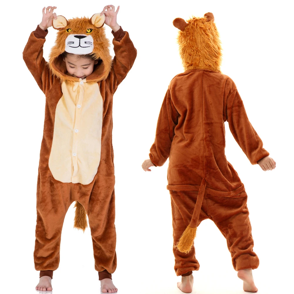 Plush Lion Kigurumi Anime Winter Jumpsuit Kids Pajamas for Children Girls Sleepwear Baby Boys Onesie Hooded Unicorn Overalls