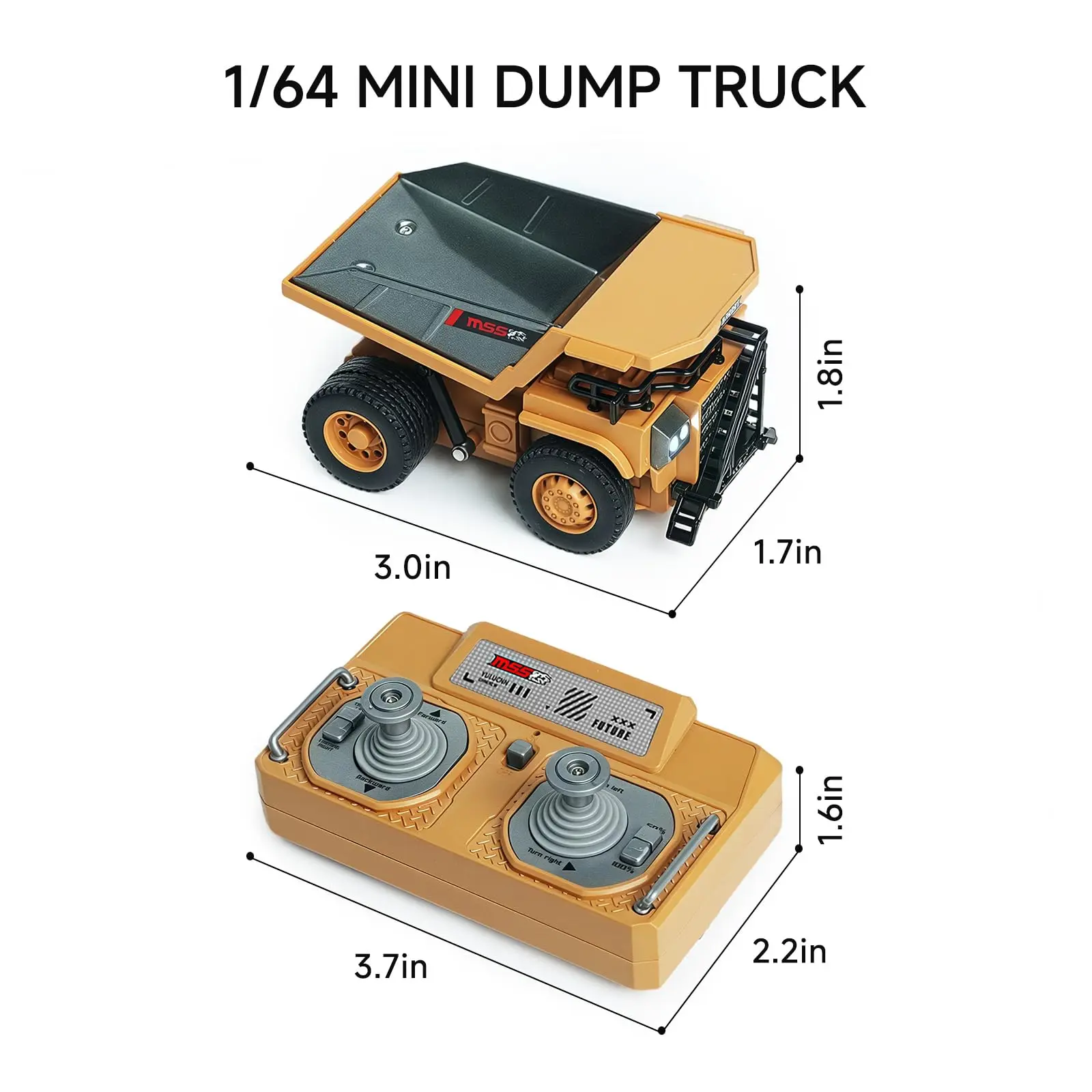 Mini excavatrice télécommandée 8 canaux soulevant un petit tas de terre à côté du camion benne