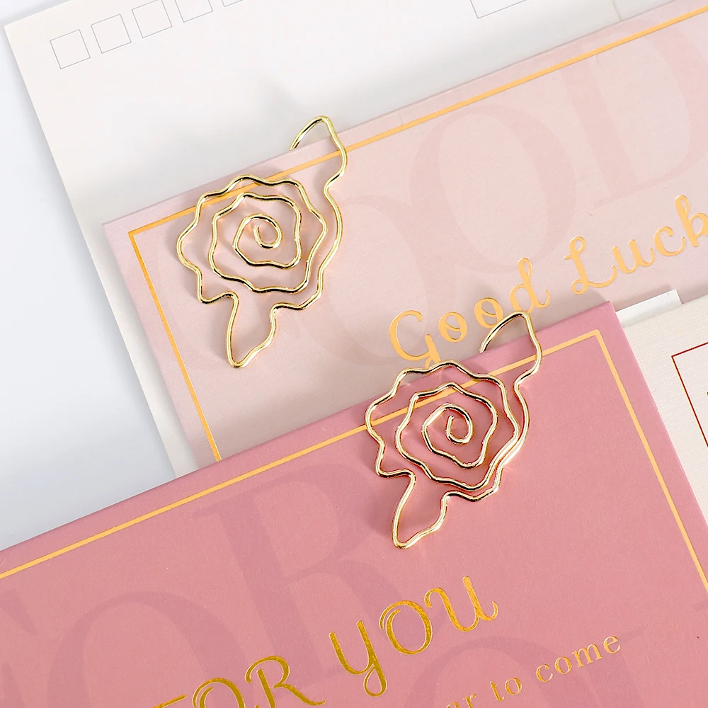 10pcs Gold Rose Flower Paper Clip Metal Diy Flower Planner Stationery Supplies Bookmark Gift Shaped Paper Clips paper clips,mini bookmark