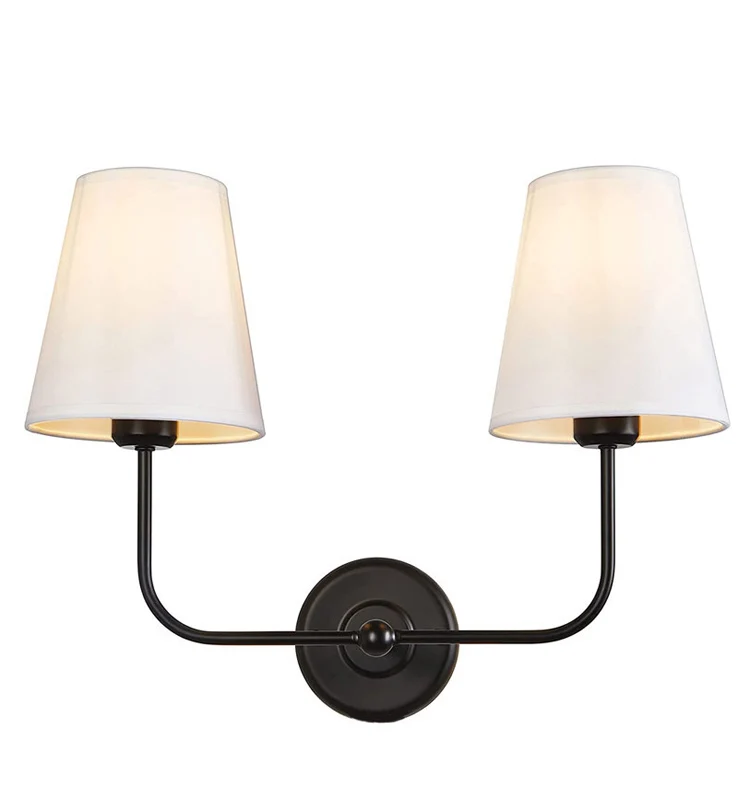 American Country Wall Lamp With Double-Head Iron Fabric Cover European Style Living Room Hotel Room Bedroom Bedside Wall Lights