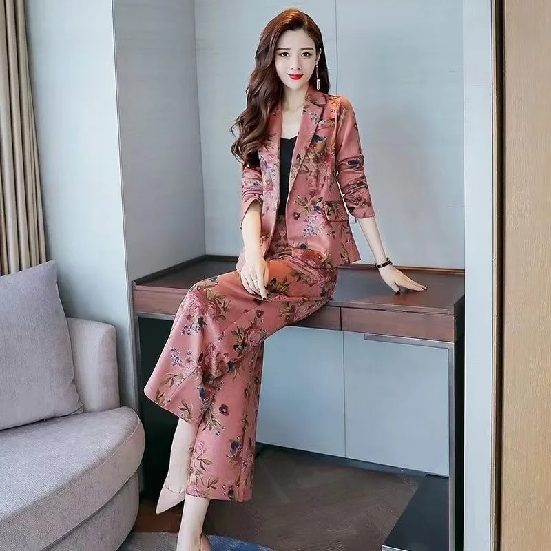 2023 New Spring Autumn Temperament Style Small Suit Print Three-piece Wide Leg Pants Fashion Slim Professional Business Blazer