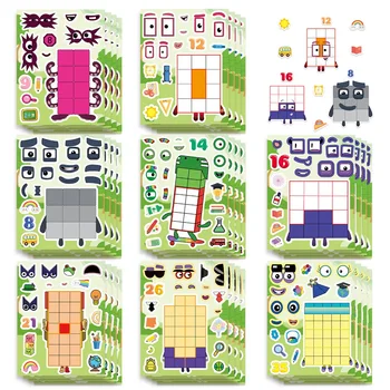 8/16 Fogli di Adesivi Puzzle con Numeri e Personaggi Cartoon, Decorazioni Impermeabili per Quaderni, Cancelleria, Valigie, Frigoriferi, Fai-da-Te