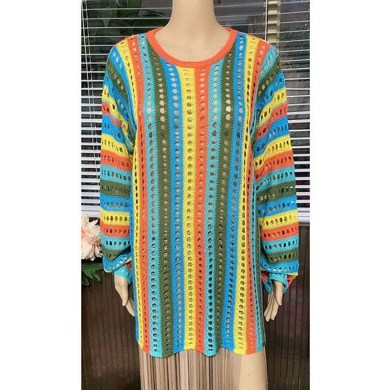 Boho Striped Crochet Tunic Sexy Hollow Out Bikini Cover-ups Multicolored Mesh Dress Women Beach Wear Swim Suit Cover Up