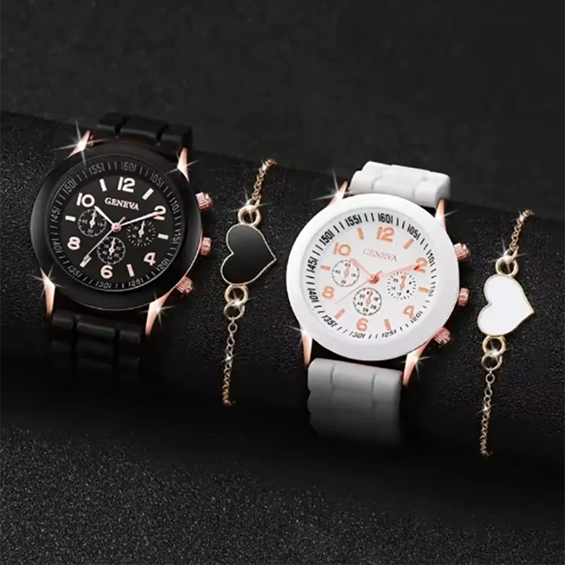 4-piece/set Geneva Watch Fashion Silicone Strap Men and Women Couple Quartz Watch Heart shaped Jewelry Set (no box)
