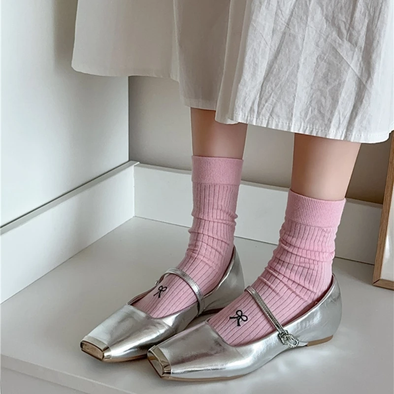 

Women French Stretch Slouch Socks Elegant Embroidered Bowknot Calf Socks