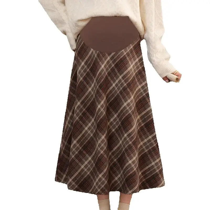 Korean Style Maternity Coffee Long Plaid Skirts Thick Warm Pregnant Woman Woolen Belly Skirt Plus Size Pregnancy Umbrella Skirt