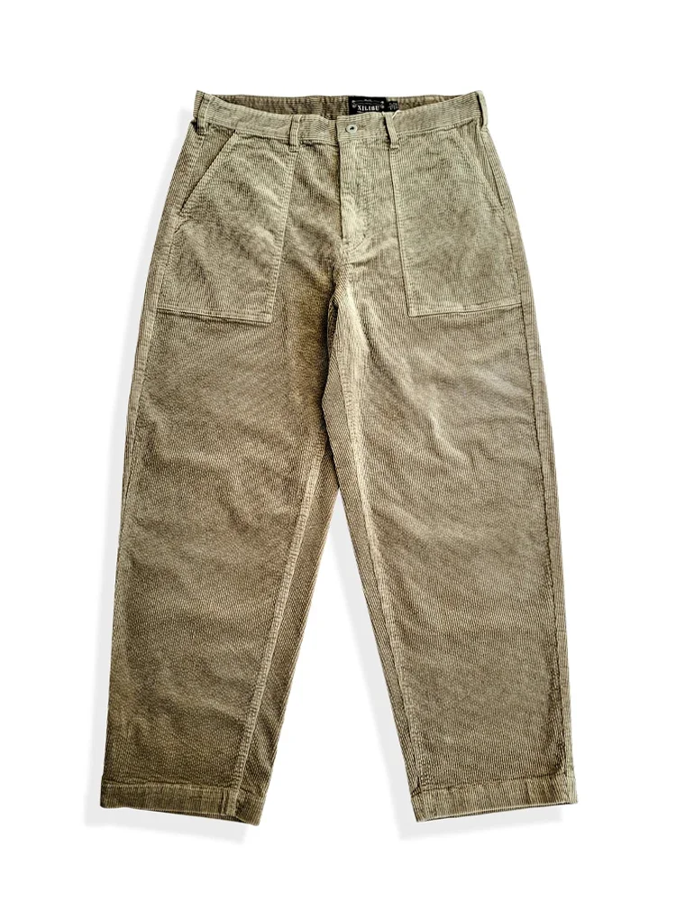 Amei Khaki Style Vintage Cotton Khaki Corduroy Cargo Wide Leg Pants Day Loose Tapered Foot Pants