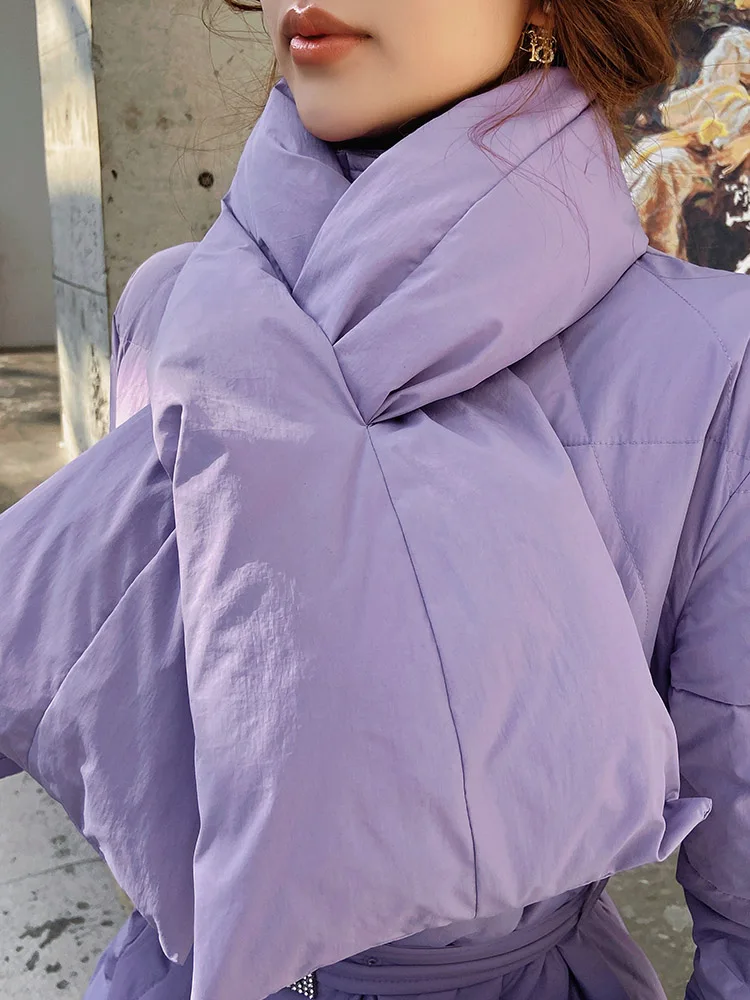 Fashion Detachable Scarf Waist-Tight White Duck Down Jacket Female Winter New Mid-Length Thickened Warm Purple Coat for Women