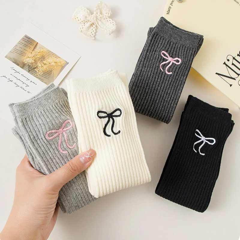 Baby Children Korean Knee High Long Socks for Girls Sweet White Bow Jacauard Cotton Legging Stocking School Sock for Kids Tights