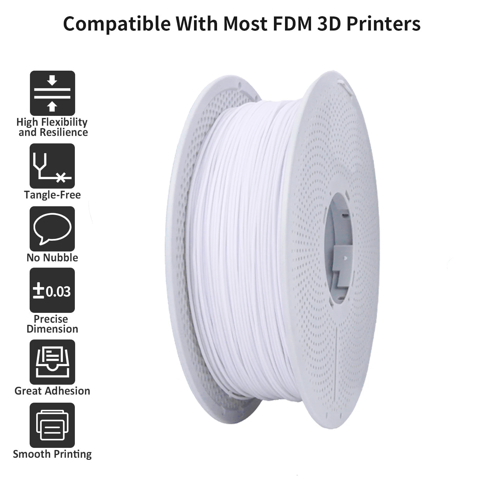 TPU 화이트 1KG 필라멘트 1.75mm, TPU 95A 유연한 3D 프린터 필라멘트(광택 마감), 대부분의 FDM 3D 프린터에 적합, 1kg S