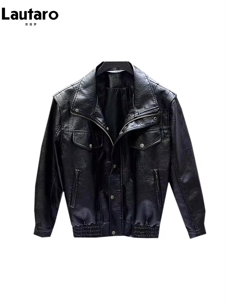 Lautaro Autumn Winter Cool Oversized Black Thickened Warm Pu Leather Jacket Men Stand Collar Zip Up Luxury Designer Clothes 2023 5