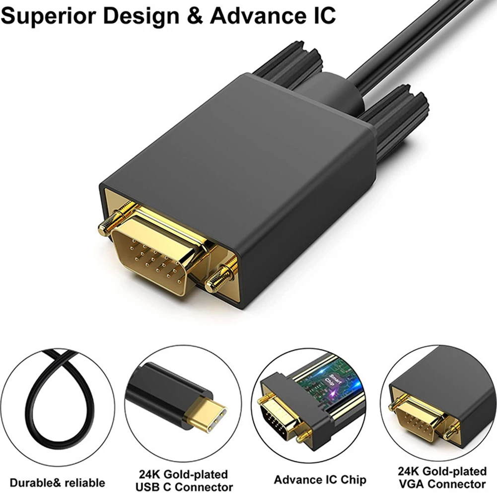 PC ǻ Ϳ USB CŸ-VGA  ̺ ȯ ̺, 1.8M, 6FT, 1080P, USB3.1, 10Gbps