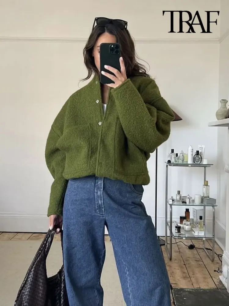 TRAF Women Fashion With Pockets Oversized Bomber Jacket Coat Vintage Long Sleeve Snap Button Female Outerwear Chic Tops 4