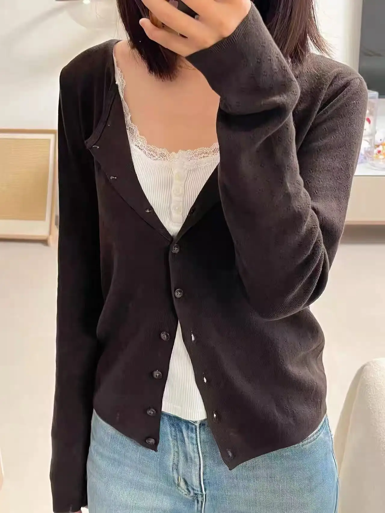 Brown Eyelet Knitted Cardigan Women Autumn New Casual Cotton Long Sleeve Sweater Coat Female Vintage Simple Basic Sweaters Tops 1