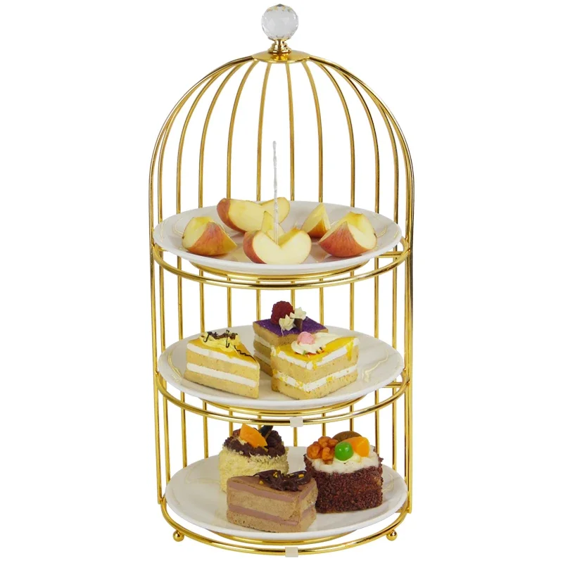 Birdcage Double Layer Cake Stand Wrought Iron Display Stand Ceramics Three-tier Fruit Tray Afternoon Tea Dessert Decorative Rack