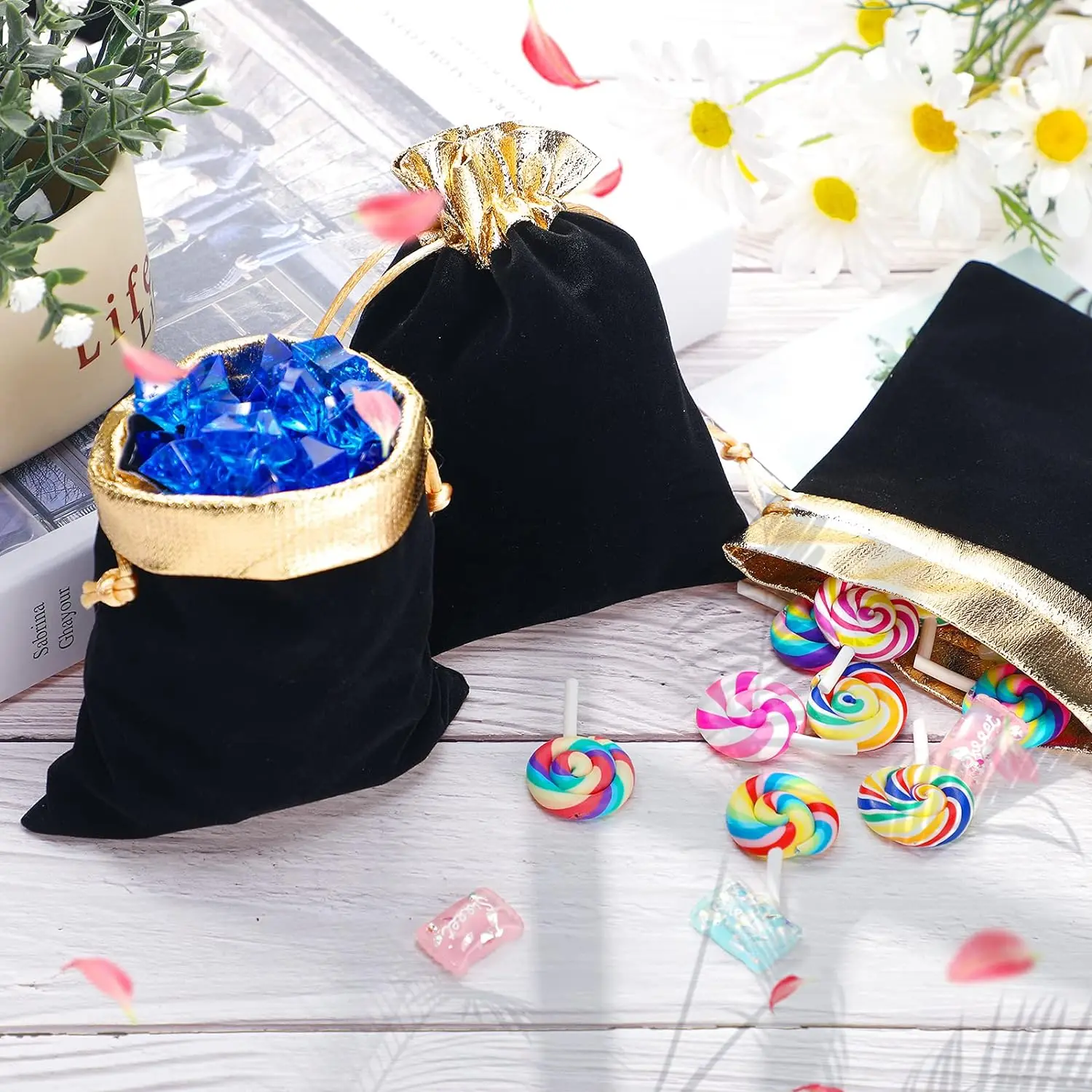 10 stücke tasche goldener Mund Samt Kordel zug Beutel Hochzeit für DIY Lagerung Schmuck Verpackung liefert Zubehör kleine Unternehmen – Detail 5