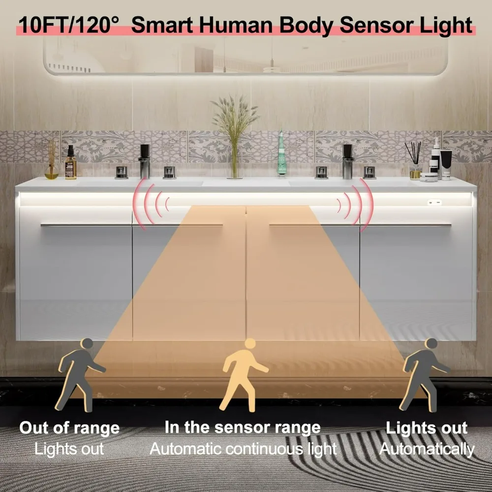 60" Double Sink Floating Vanity with Human Sensor LED, High Gloss Wall, Modern Bath Sink Vanity Cabinet with Metal Handles 3