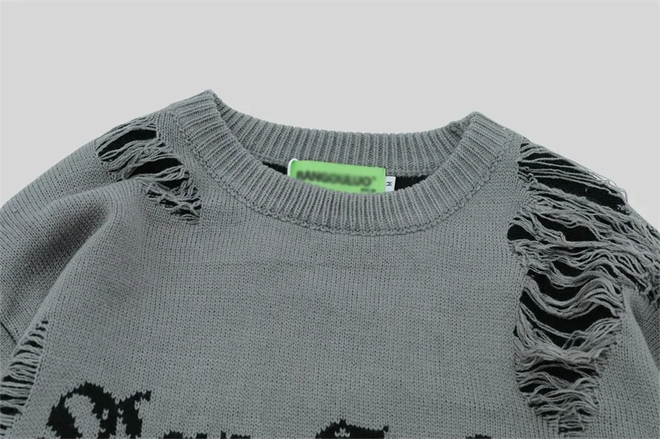 Torn Smooth Sweater Men Retro Ripped Hole Knitted Letter Plain Jumpers Men Streetwear Hip Hop Harajuku Punk Gothic Sweaters 4