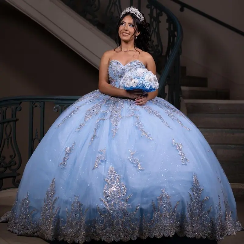 Lorencia Shiny Blue Quinceanera Dress Ball Gown Silver Lace Applique Beading Corset Sweet 16 Gown Vestidos De 15 A&ntilde;os YQD766