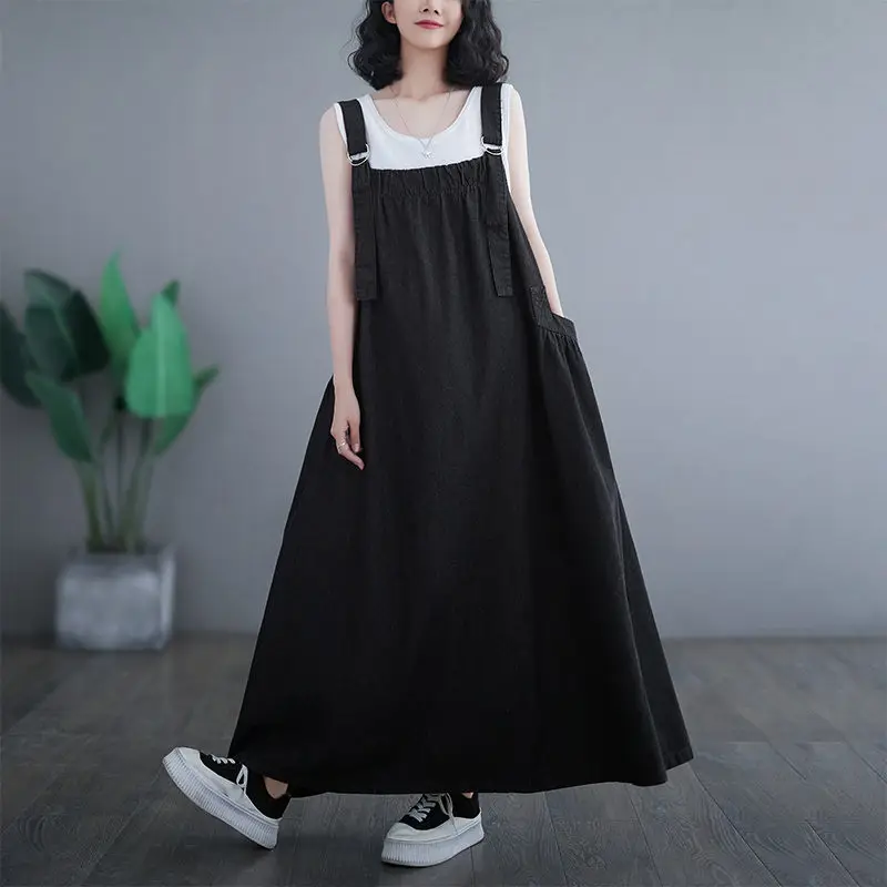 Black Oversized Denim Dress Women's Summer 2023 New Vintage