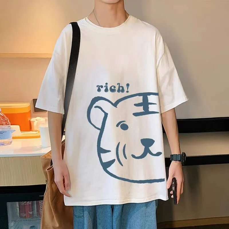 

Trendy fashion summer new couple all-match simple little tiger print round neck T-shirt