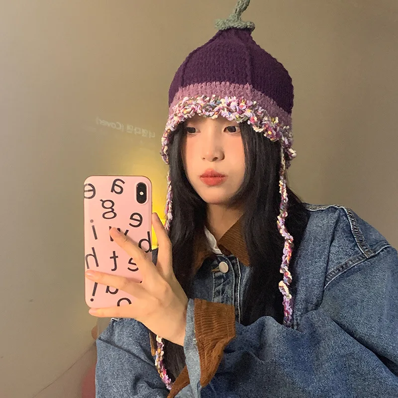 

Милая вязаная шапка с баклажанами ручной работы для женщин и девушек модные забавные облегающие шапки зимняя теплая шапка для защиты ушей шапочки облегающие шапки