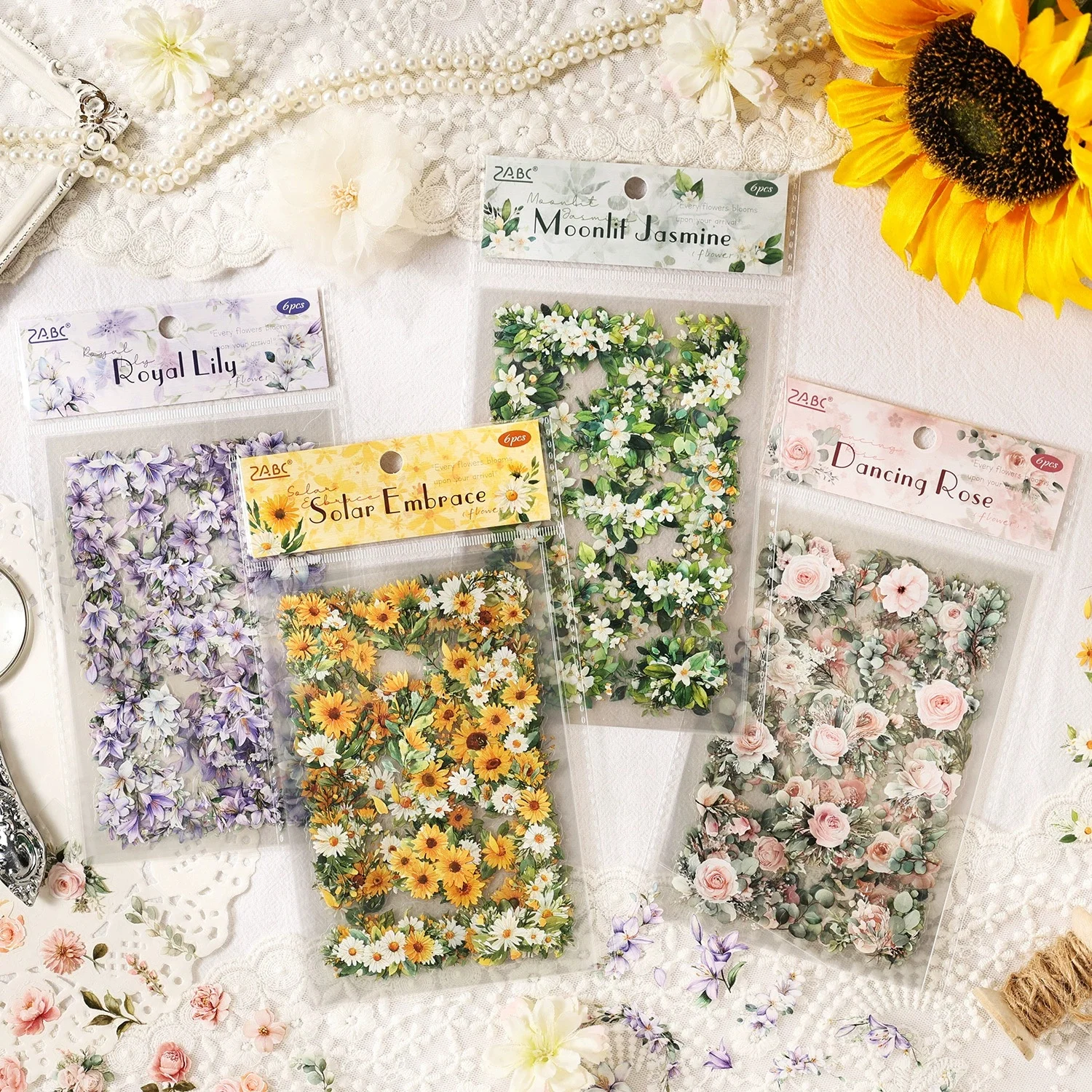 6Pcs 몽환적인 꽃무늬 시리즈 PET 스티커, 스크랩북, 저널, DIY 공예, 노트북 장식을 위한 INS 스타일 식물 꽃 데칼