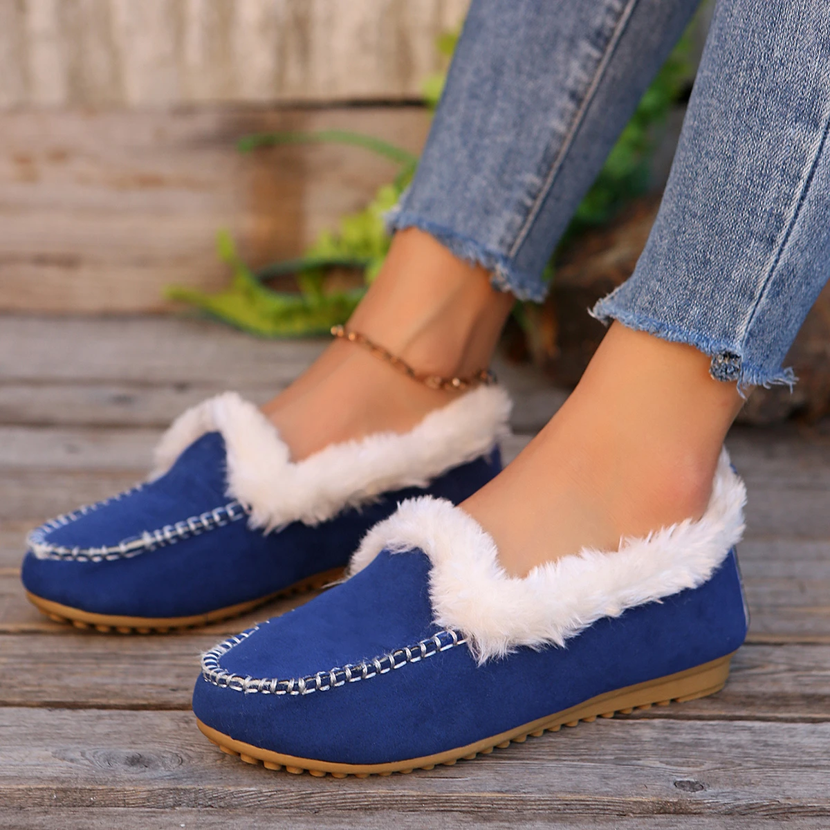 Aphixta Soft Furry Loafers Flat With Women Shoes Slip On Sewing Casual Round Toe Flats Woman Classic Shoe Autumn Winter Loafers