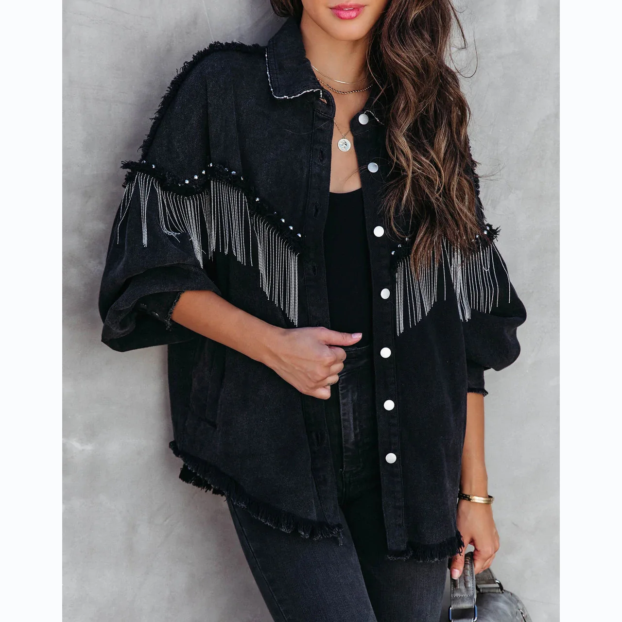 

TEELYNN Boho Long Sleeve Rivet Coats for Women Oversize Loose Jacket Spring Autumn 2023 Vintage Chain Tassel Black Denim Jackets