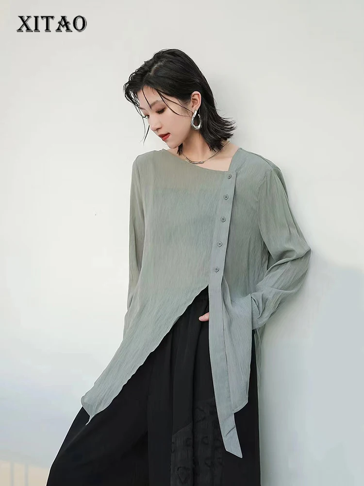 

XITAO Irregular Solid T-shirt Asymmetrical Collar Full Sleeve Loose Simplicity All Match Casual Fashion Women New Top LYD1762