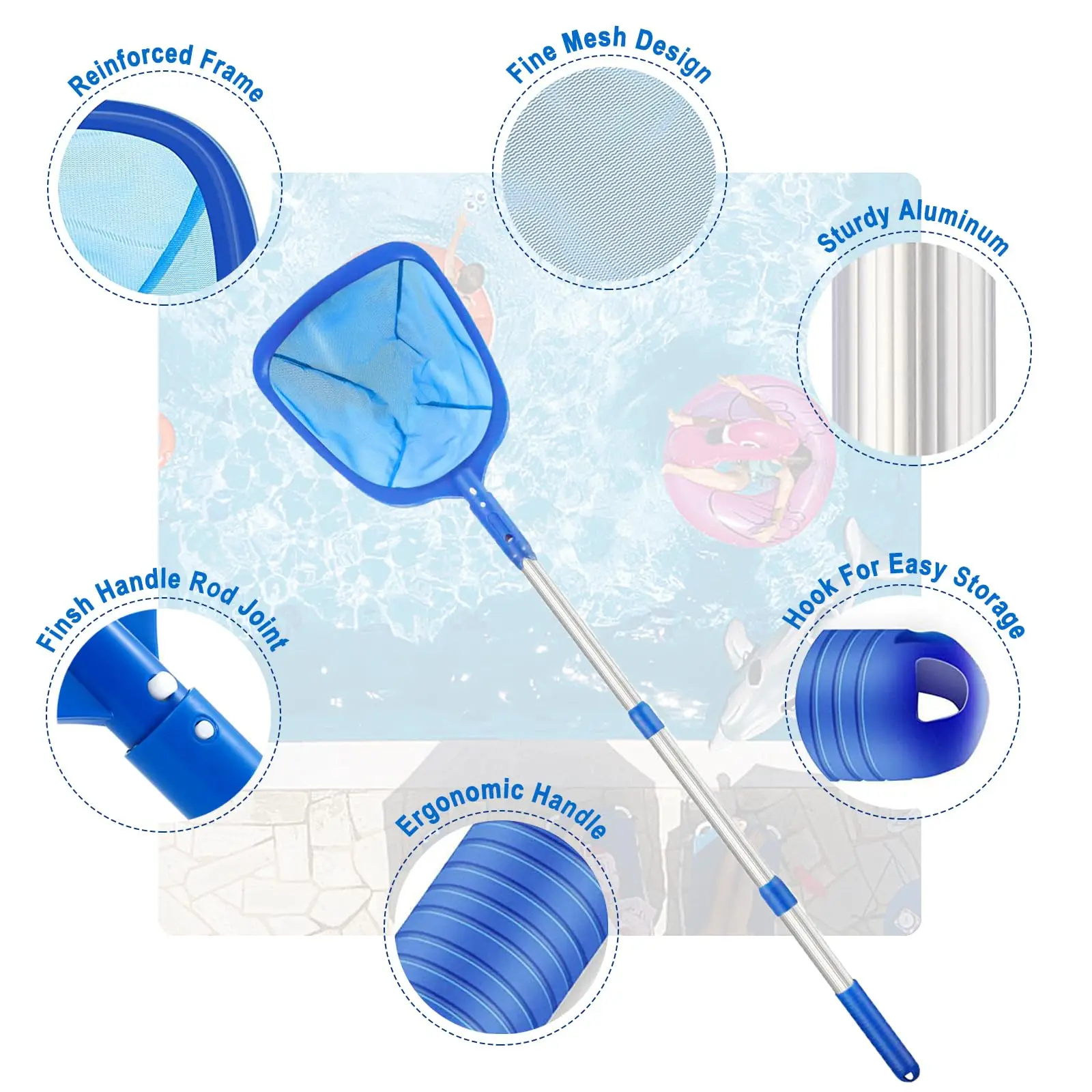 Swimming Pool Skimmer Net 3 Section Telescopic Pole Fine Mesh Deepwater Net Cleaning Leaves and Debris Pond