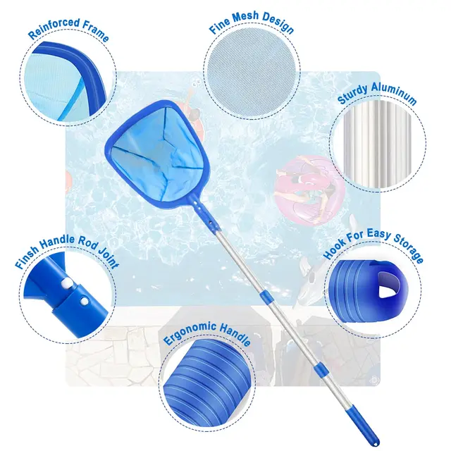 ตาข่ายพายสระว่ายน้ํา - เสายืดไสลด์ 3 ส่วนตาข่ายละเอียด ตาข่ายน้ําลึก ทําความสะอาดใบไม้และตาข่ายบ่อเศษซาก 5