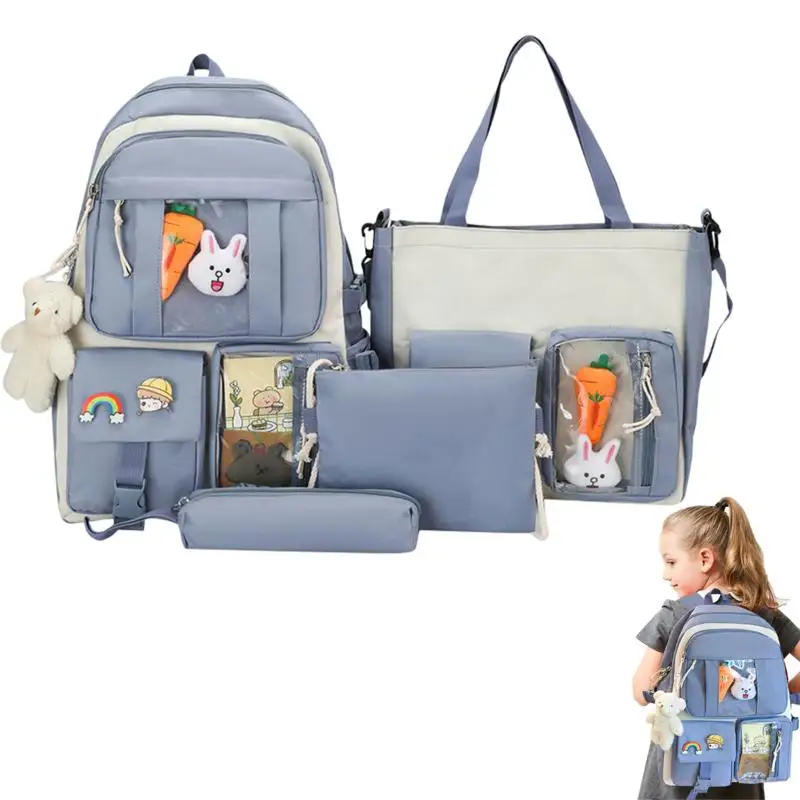 

Aesthetic Backpacks 4-pcs Girls School Backpack Shoulder Bag Pencil Bag Waist Bag Set With Cute Pins And Pendants For Girls