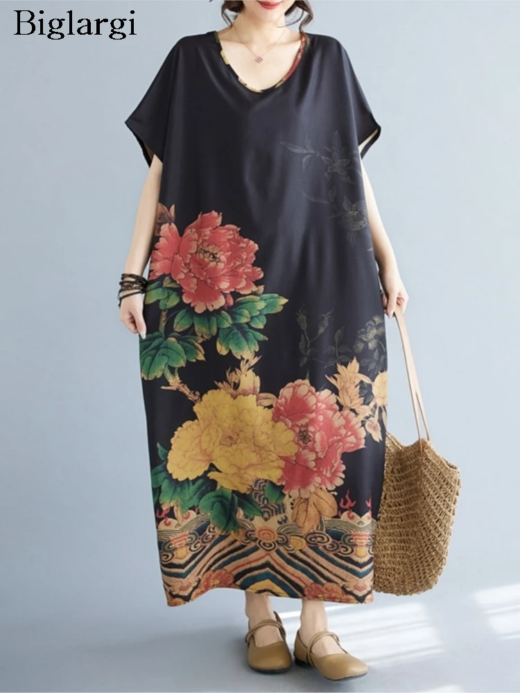 

Женское длинное платье с цветочным принтом, свободное плиссированное платье с оборками и коротким рукавом, повседневное летнее платье большого размера