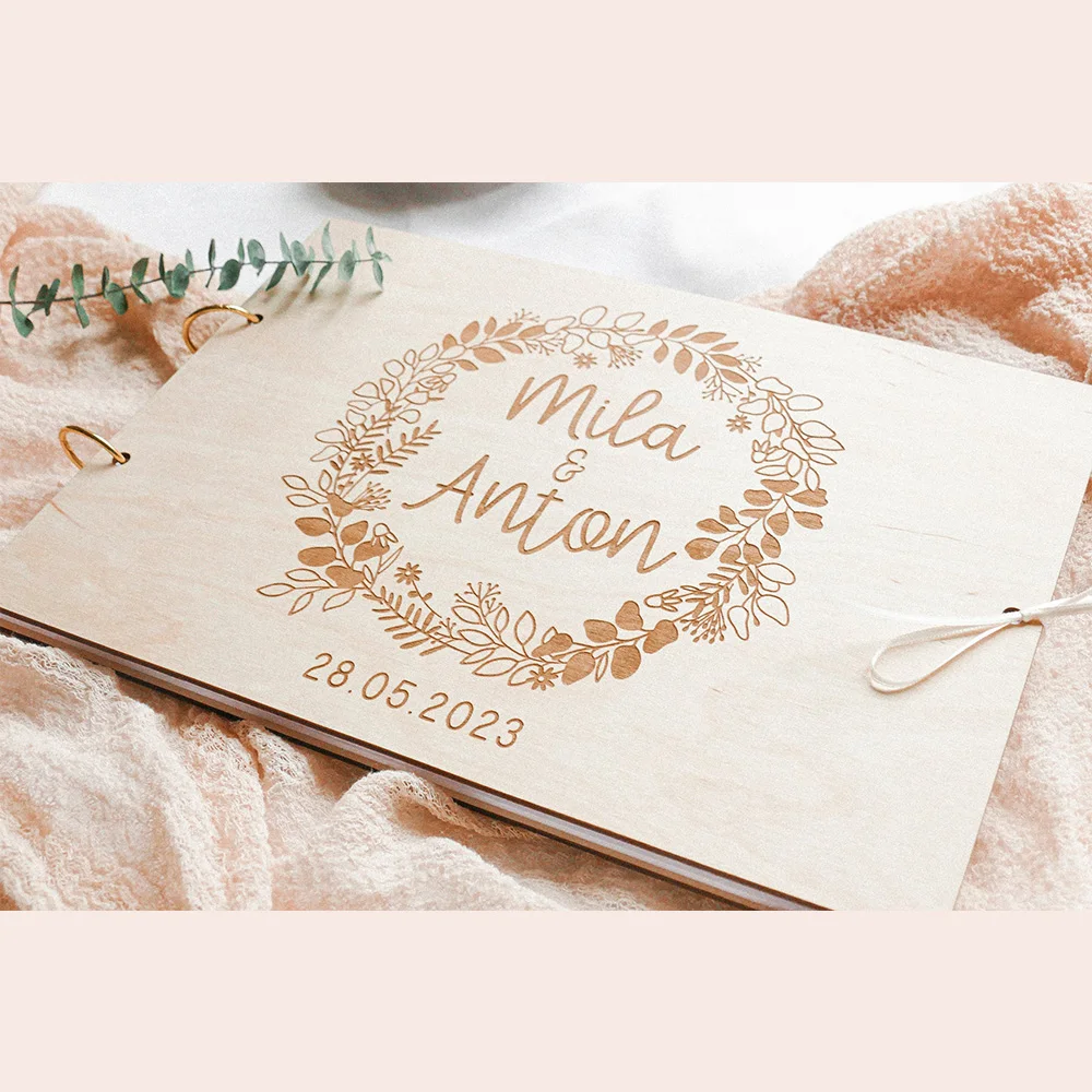 Personalized Wood Guestbook Name and Date, Elegant Sign in Message Book, Memory Book Rustic Wedding Decoration 100 Pages