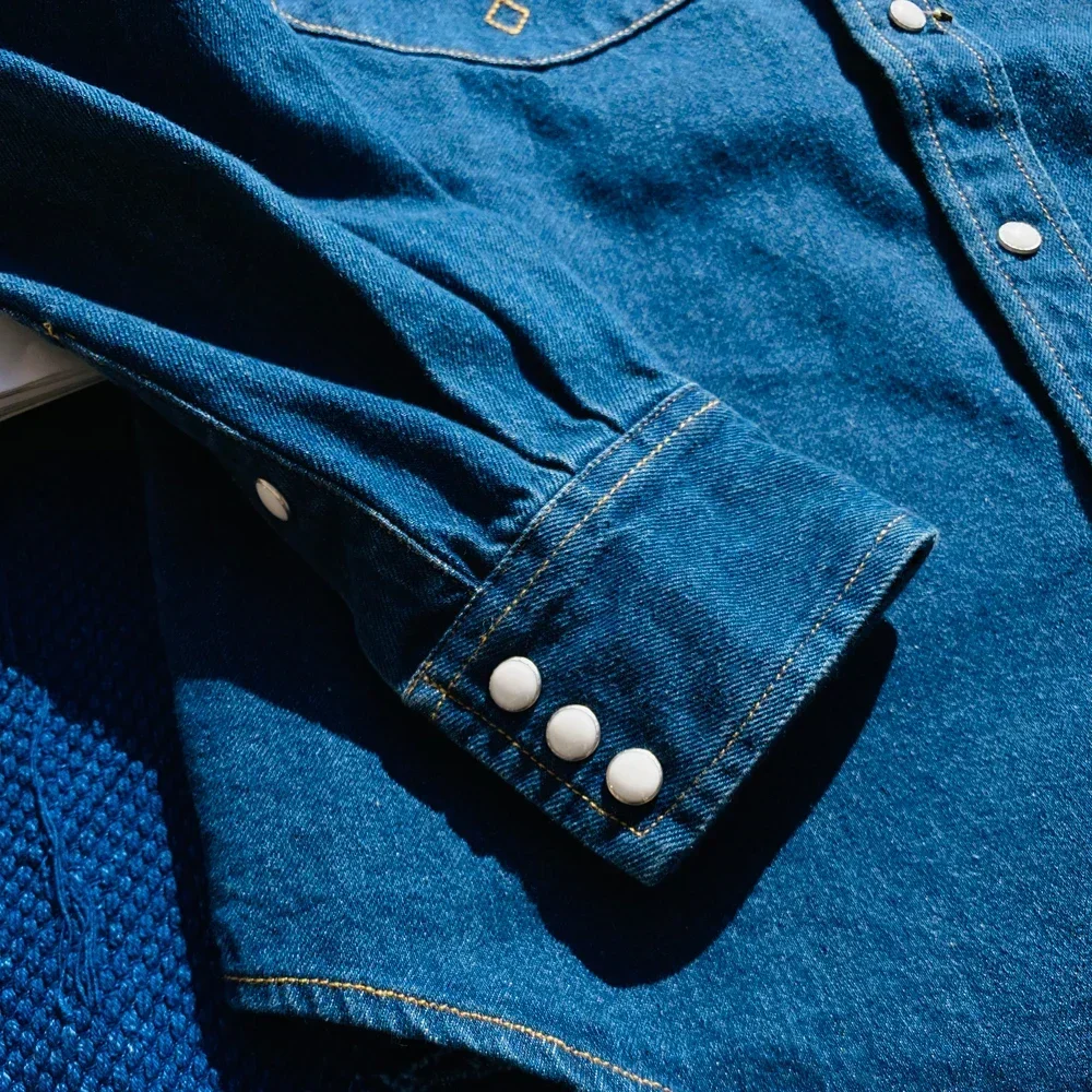 Tailor Brando American Retro Heavyweight Long Sleeve Shirt Classic Pocket Flower Jewel Button Western Denim Men's Slim Fit Shirt