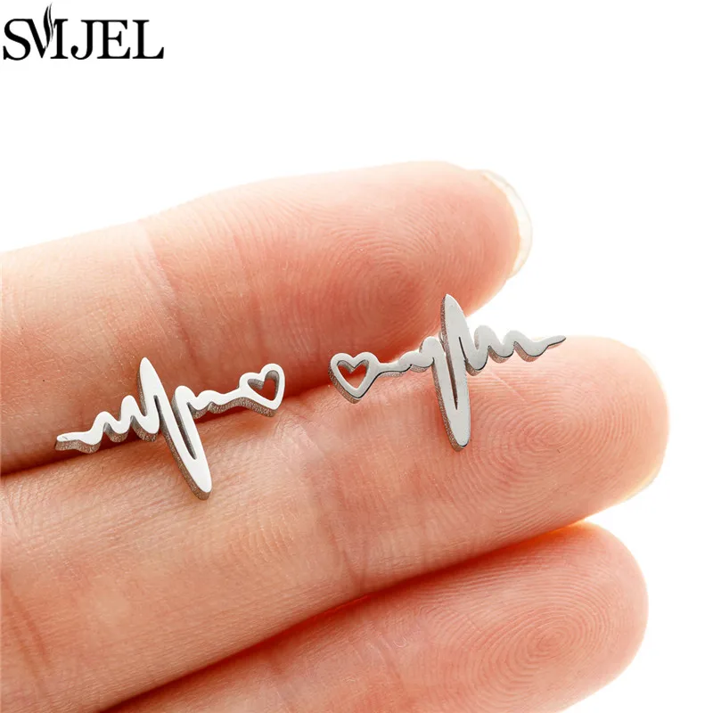 10Pairs Korean Sweet Heartbeat Stud Earrings Stainless Steel Heart with ECG Earings Doctor Accessories Girls Valentine's Gift