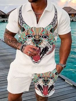 Polo e pantaloncini con cerniera casual con stampa 3D animale da uomo Set da 2 pezzi Set di abbigliamento streetwear di tendenza estiva Set di tute oversize 1