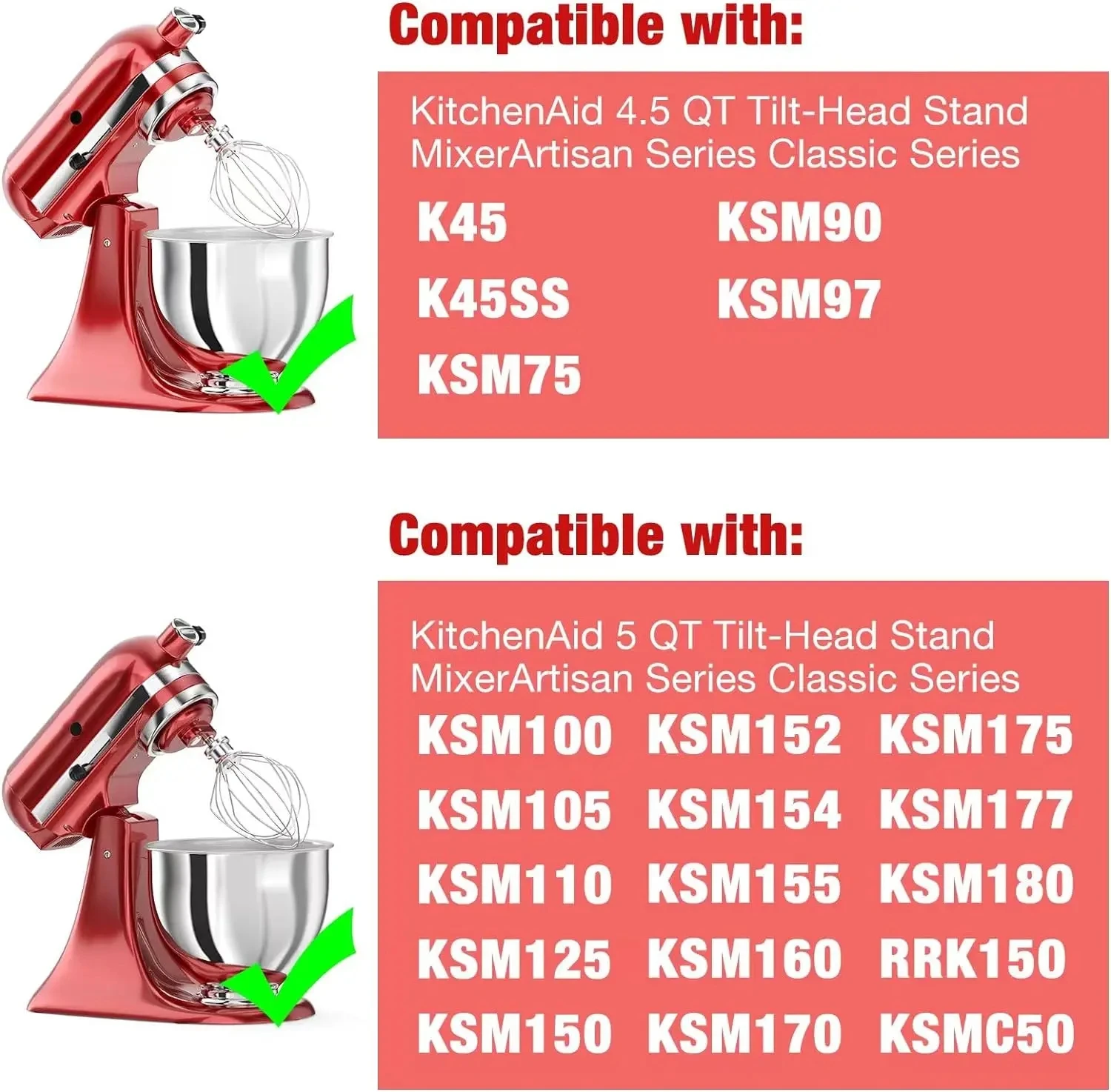 Dishwasher safe wire whisk attachment compatible with KitchenAid 4.5-5QT mixers.