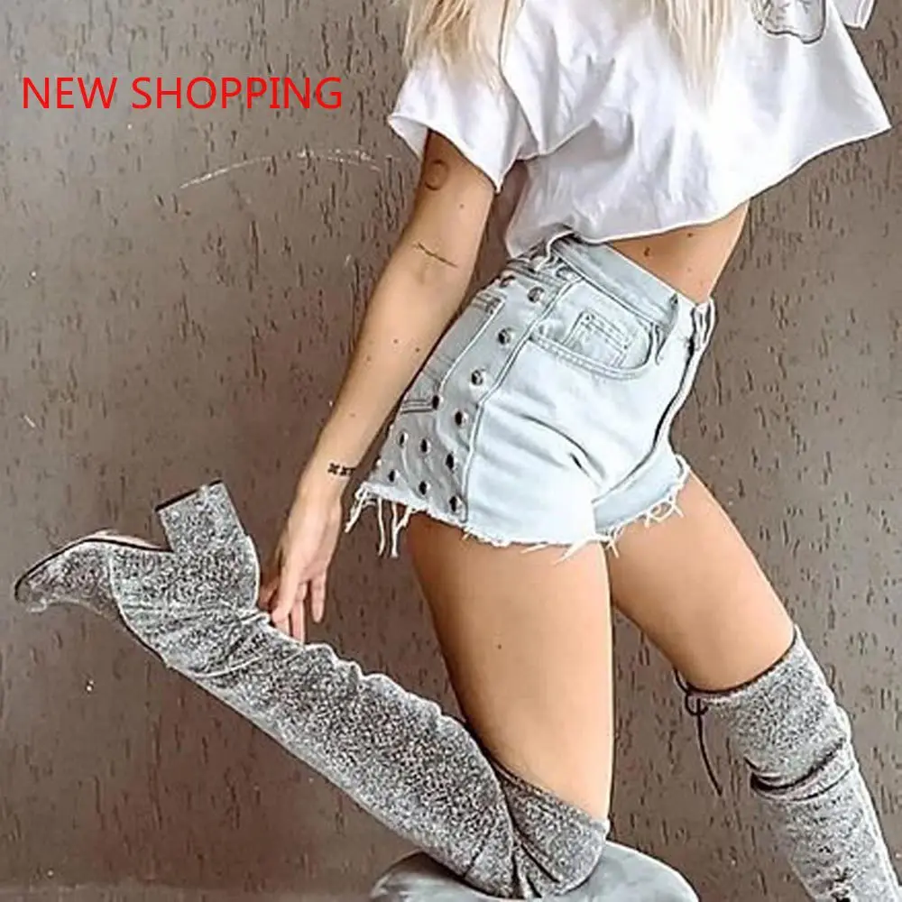 Fashion 2021 Women's Washed Denim Rivets Shorts Classic Vintage High Waist Female Casual Summer Ladies Shorts Jeans for Women