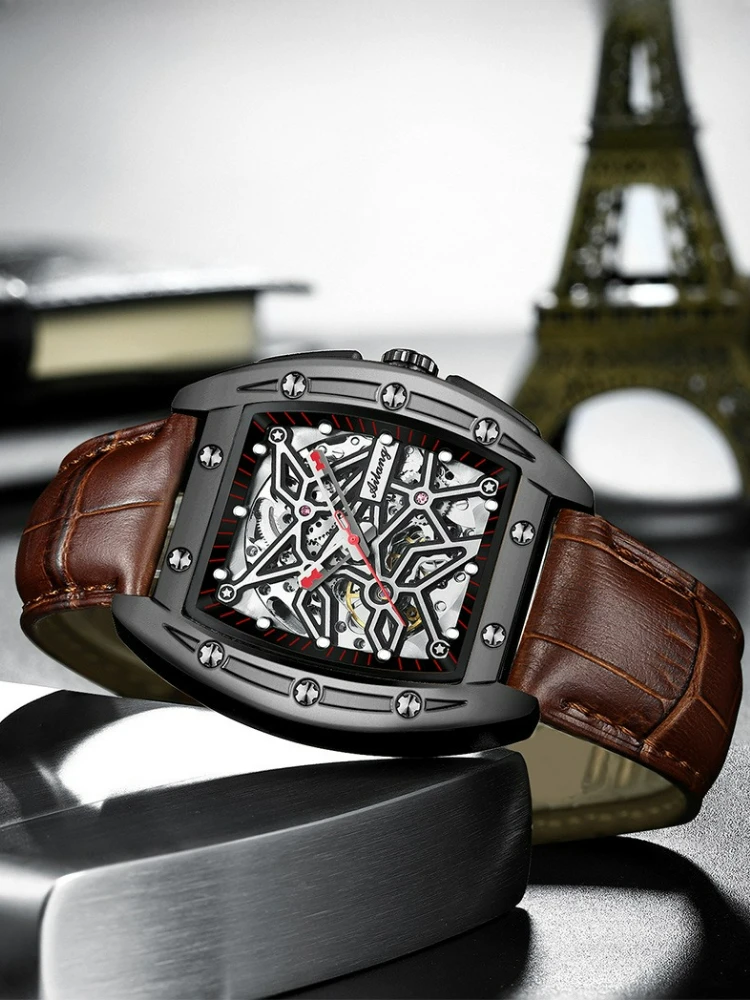 AILANG Herren Automatik-Mechanische Uhr - Tonneau Skelett-Zifferblatt 3ATM Wasserdicht Herrenuhr Leuchtende Gummiarmband Armbanduhr – Detail 9