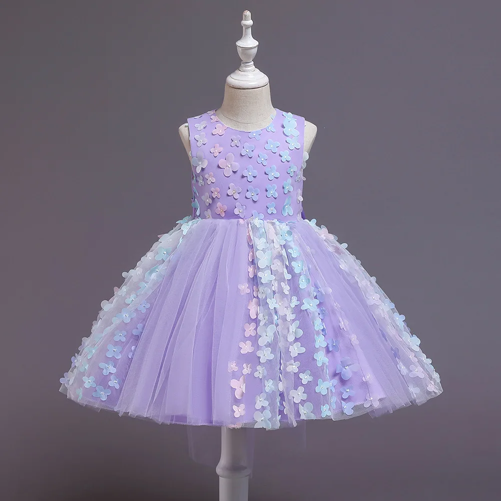 

1-6 New Baby Girls Luxury Ceremony Flower Lilac Fluffy Tulle Gala Princess Dresses Christmas Blue Wedding Party Children Clothes