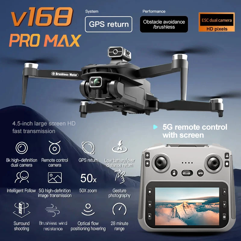 Télécommande à écran du drone V168 MAX affichant les paramètres de vol, prête pour le décollage