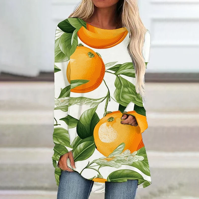 

2023 new lady long -sleeved dress Orange 3D printed lady long -sleeved dress fashion trendy casual lady long -sleeved dress