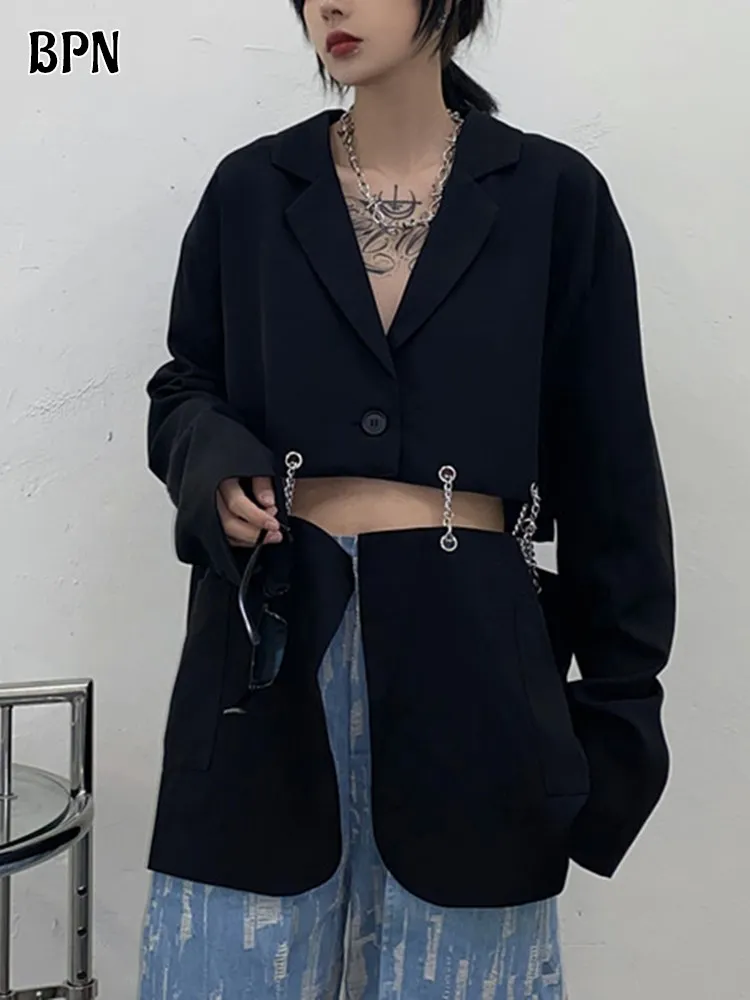 

BPN Streetwear Spliced Chain Blazer For Women Notched Collar Long Sleeve Hollow Out detachable Soild Blazers Female Clothing New