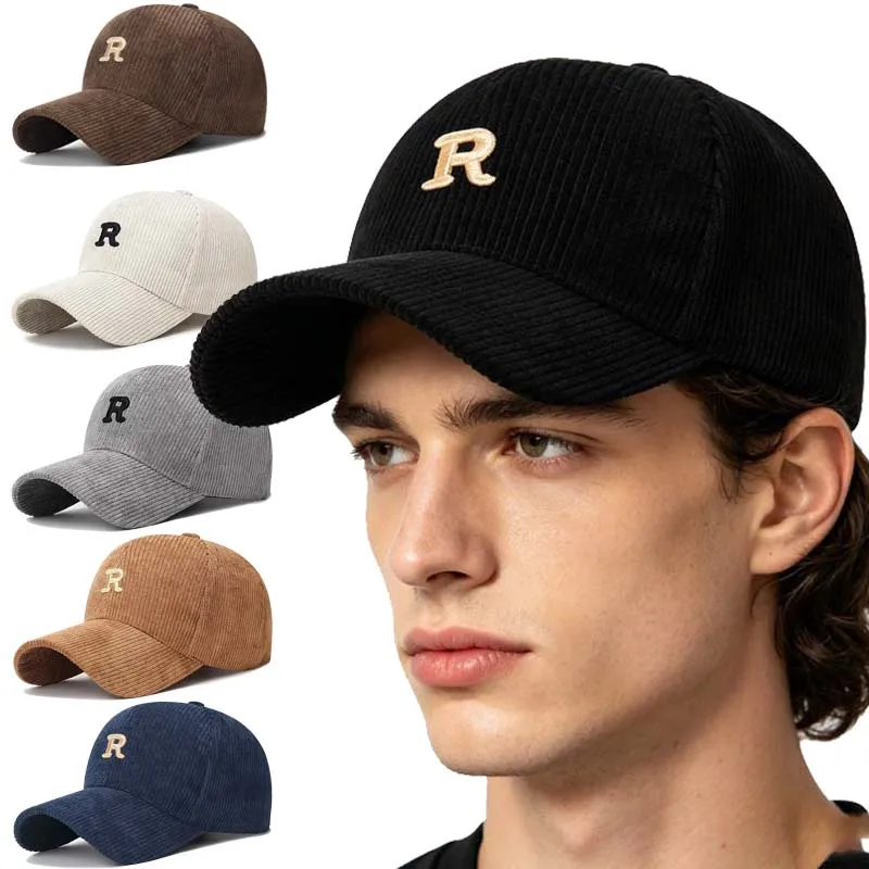 Corduroy Baseball Cap with 3D Embroidered 'R' Letter Solid Color Adjustable Structured Hat Stylish Fall and Winter Accessory