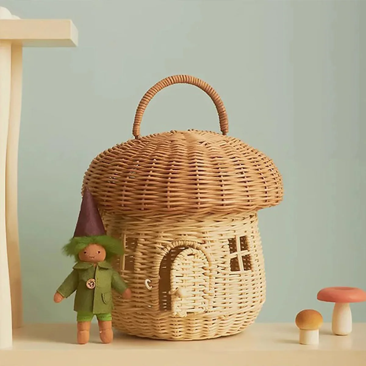Rattan Tote Bag Handmade Mushroom Woven Rattan Basket Children Room Decoration Tote Toy Sundry Storage Bag Flower Girl Basket 3